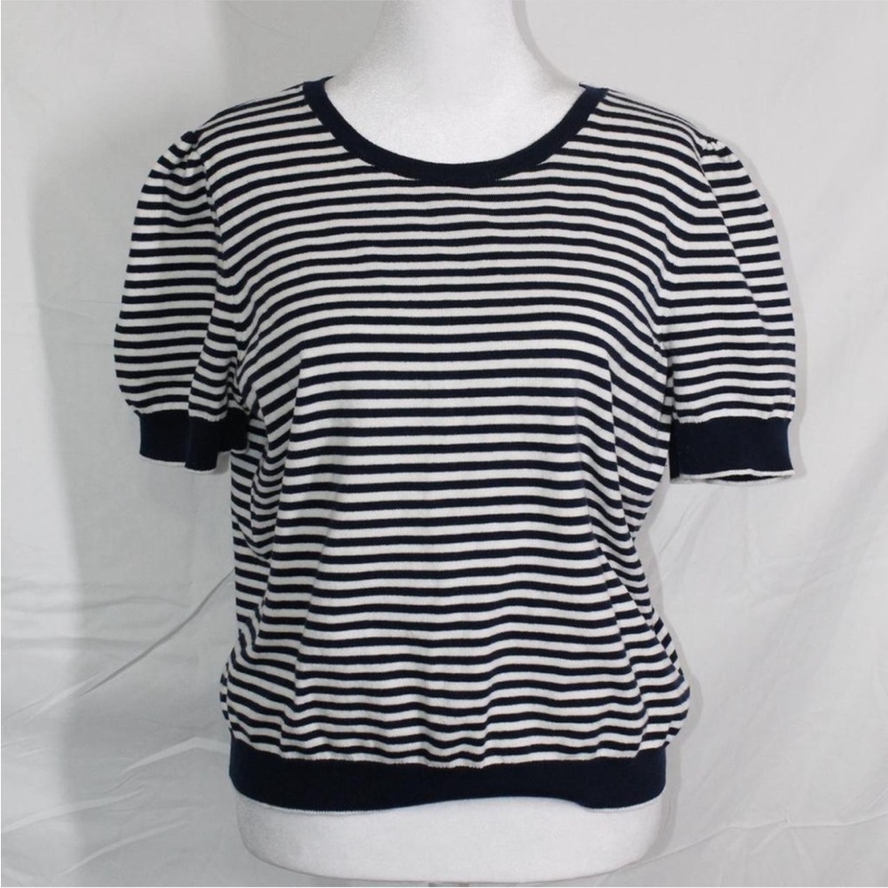 CeCe Navy and White Striped Puff Sleeve Tee